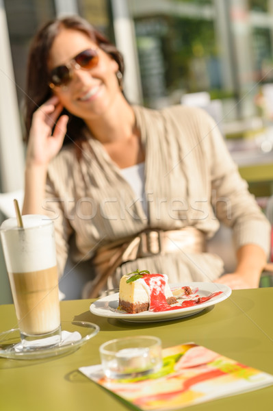 Cheesecake and latte cafe terrace woman sitting Stock photo © CandyboxPhoto