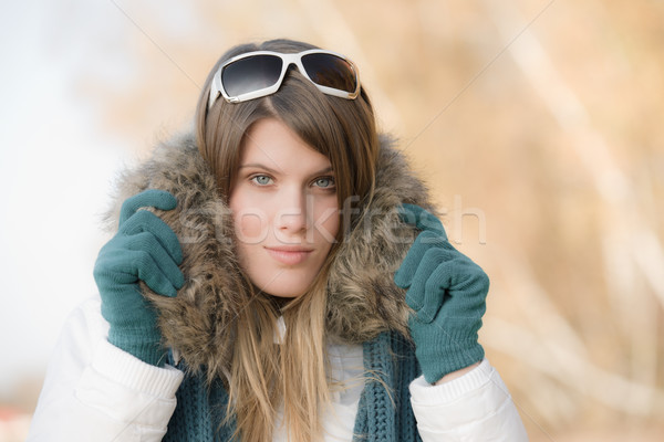 Winter fashion - woman with fur hood Stock photo © CandyboxPhoto