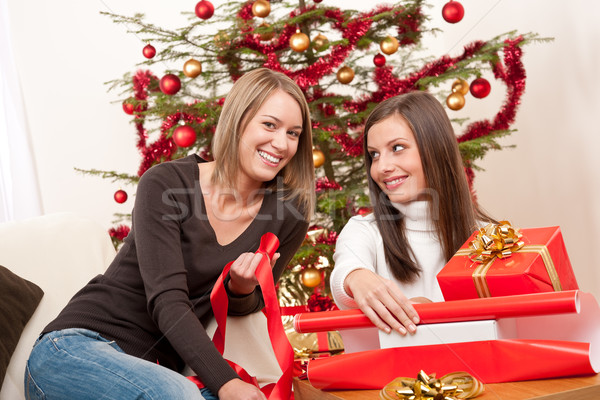 Foto stock: Dos · mujeres · Navidad · presente · árbol · mujer