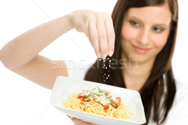 İtalyan gıda kadın spagetti rendelenmiş peynir sos sağlıklı Stok fotoğraf © CandyboxPhoto