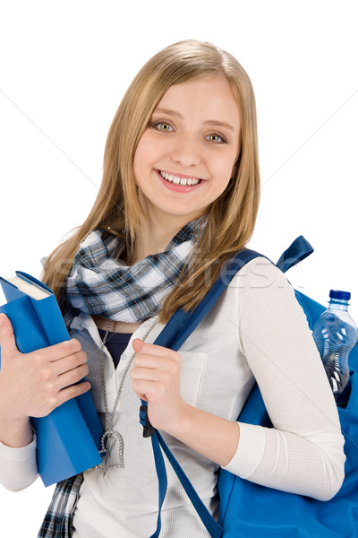 [[stock_photo]]: étudiant · adolescent · femme · tenir · livres · heureux