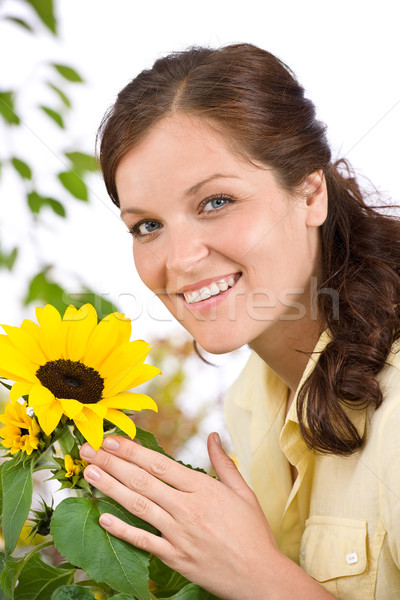 Foto stock: Retrato · feliz · mulher · girassol · branco · natureza