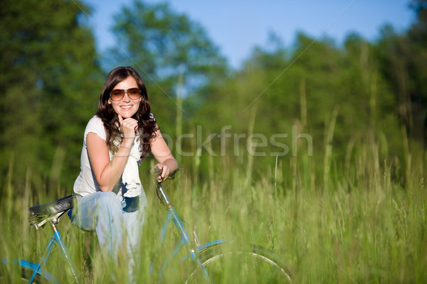 Frau Fahrrad Sommer Wiese Baum Stock foto © CandyboxPhoto