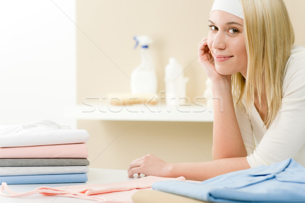 Stock foto: Wäsche · Bügeln · Frau · Pause · Hausarbeit · home