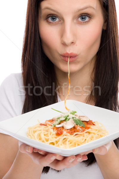 Olasz étel portré nő eszik spagetti mártás Stock fotó © CandyboxPhoto