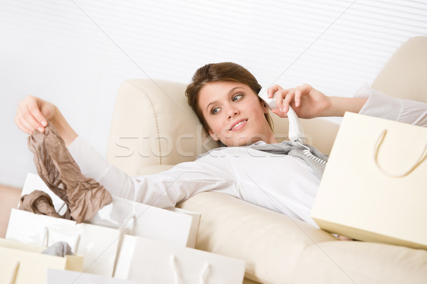 Stock foto: Jungen · business · woman · Einkaufstasche · Sofa · Geschäftsfrau · Telefon