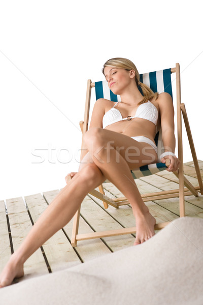 Foto stock: Playa · mujer · bikini · cubierta · silla · mujer · hermosa