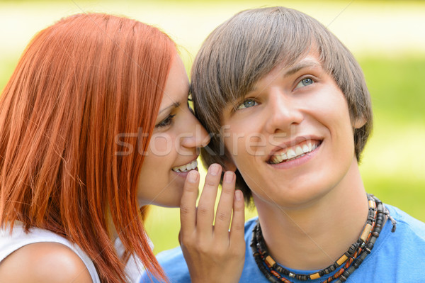 Adolescent femme chuchotement copain extérieur affectueux Photo stock © CandyboxPhoto