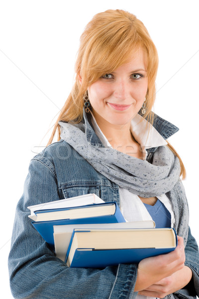 ストックフォト: 学生 · 若い女性 · ホールド · 図書 · 白 · 女性