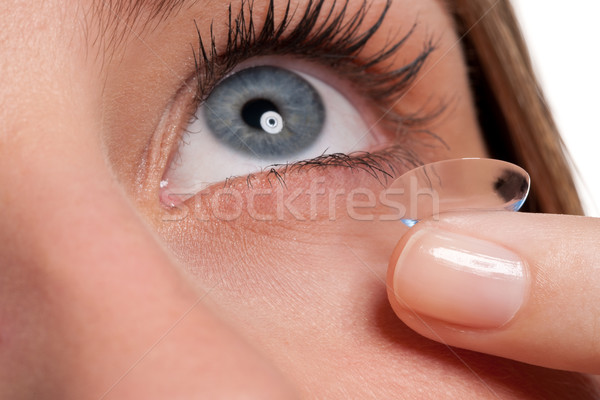 Stockfoto: Blauw · vrouw · oogcontact · lens