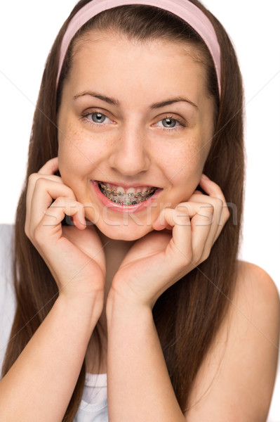 Foto stock: Sonriendo · nina · tirantes · aislado · adolescente · belleza