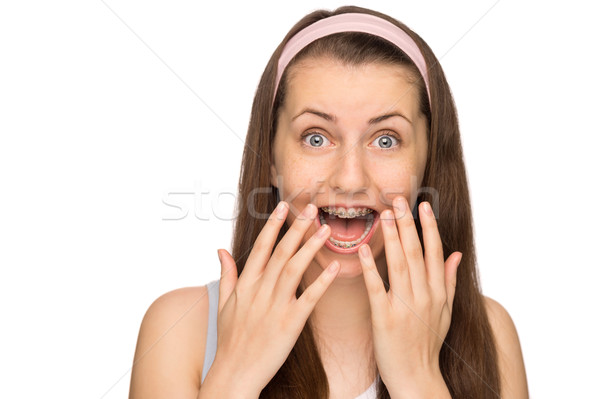 Aufgeregt Mädchen Hosenträger schreien isoliert teen Stock foto © CandyboxPhoto