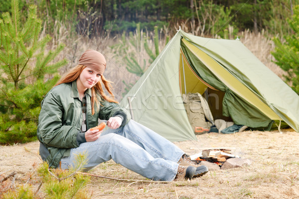Camping woman tent nature cut sausage Stock photo © CandyboxPhoto