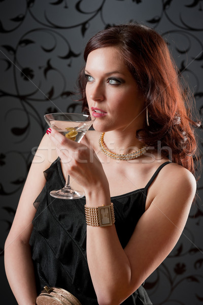 Stockfoto: Cocktail · party · vrouw · avondkleding · genieten · drinken · zwarte