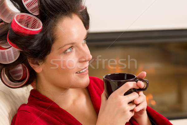 Home beauty woman with hair curlers drink Stock photo © CandyboxPhoto