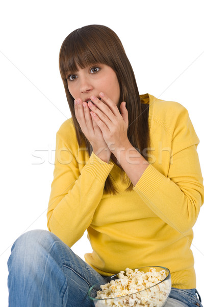 удивленный женщины подростку Смотря телевизор попкорн счастливым Сток-фото © CandyboxPhoto