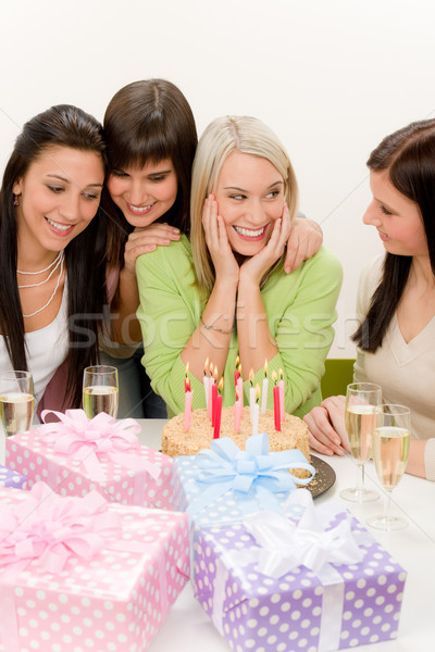 Stok fotoğraf: Doğum · günü · partisi · grup · kadın · kutlamak · kek · şampanya