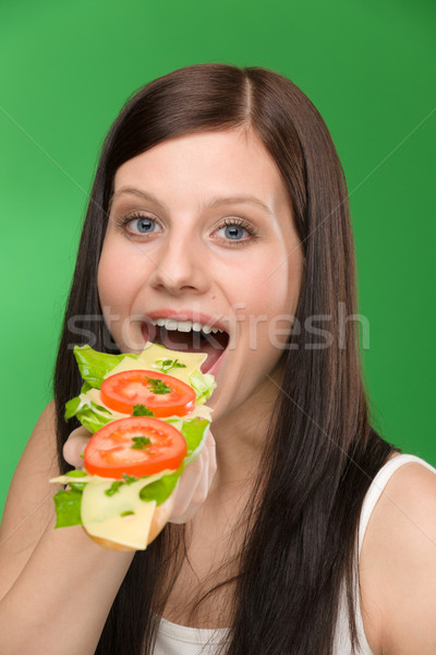 Foto stock: Mulher · desfrutar · queijo · sanduíche · tomates