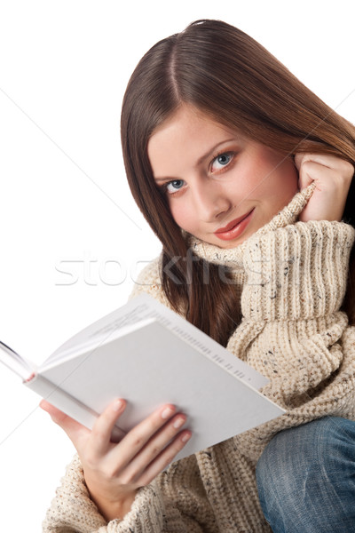 Foto stock: Retrato · jóvenes · feliz · mujer · libro