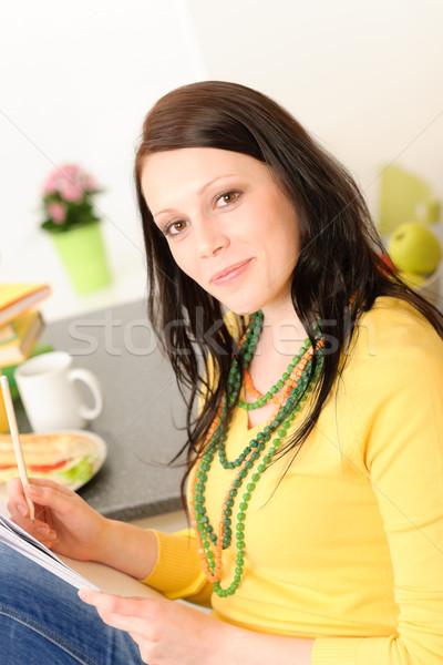 Foto stock: Retrato · jovem · feliz · estudante · casa · menina