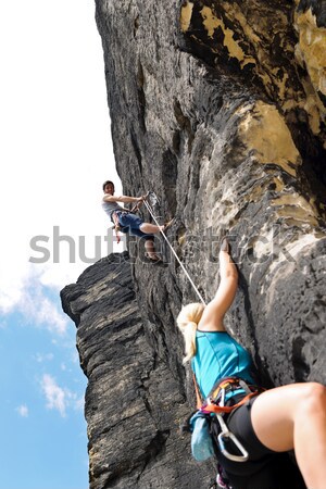 Rock climbing fit man on rope sunny Stock photo © CandyboxPhoto