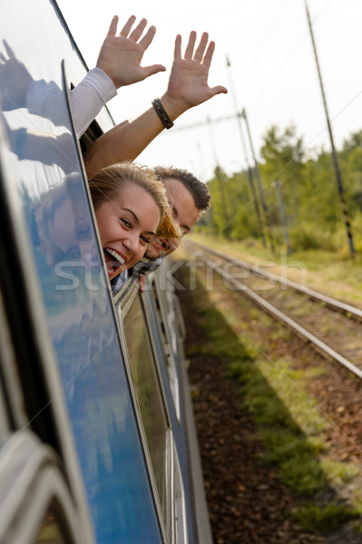 Coppia fuori treno finestra entusiasta Foto d'archivio © CandyboxPhoto