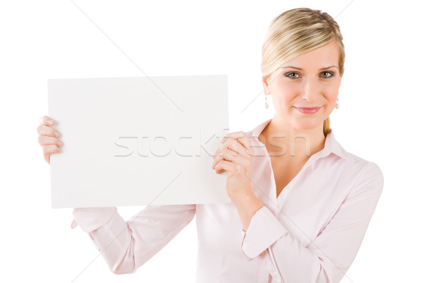 Happy businesswoman hold aside empty white banner Stock photo © CandyboxPhoto