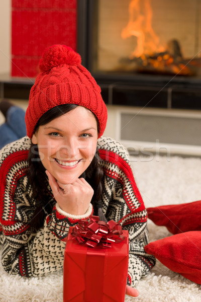 Navidad presente mujer piso casa chimenea Foto stock © CandyboxPhoto