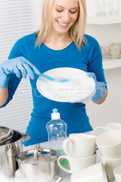 Stockfoto: Moderne · keuken · gelukkig · vrouw · afwas · huishoudelijk · werk