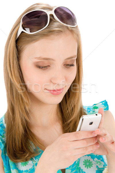 Stockfoto: Tiener · vrouw · mobiele · telefoon · zomer · dragen · jurk