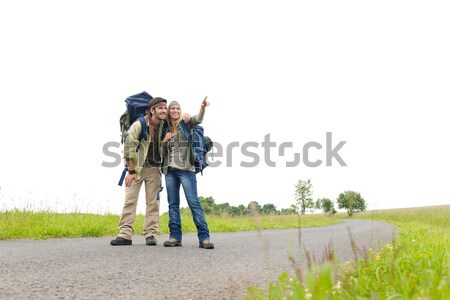 Foto stock: Senderismo · mochila · asfalto · carretera