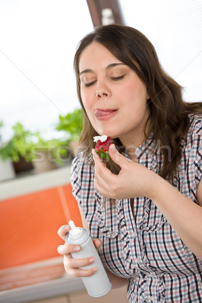 Plus size nő tejszínhab eper ajkak konyha Stock fotó © CandyboxPhoto
