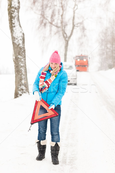 Foto d'archivio: Donna · triangolo · auto · neve · allarme · problema