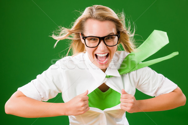 綠色 英雄 女實業家 瘋狂的 面對 女子 商業照片 © CandyboxPhoto