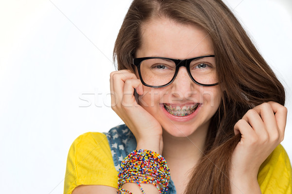 Stock foto: Mädchen · Hosenträger · tragen · Geek · Gläser · isoliert