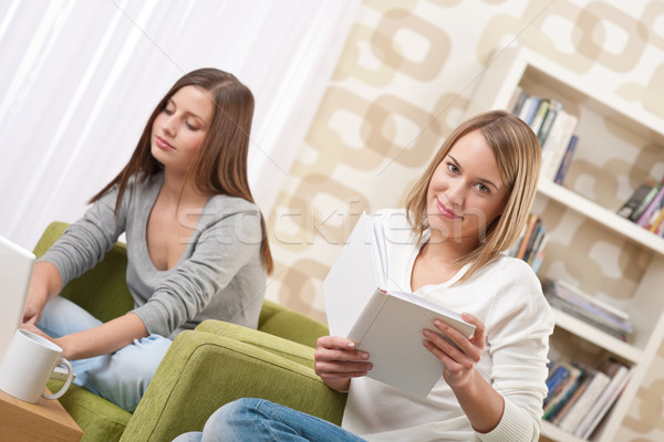 Foto stock: Estudantes · dois · feminino · adolescente · estudar · sessão