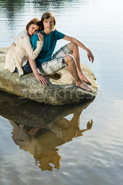 Couple séance Rock coucher du soleil lac [[stock_photo]] © CandyboxPhoto