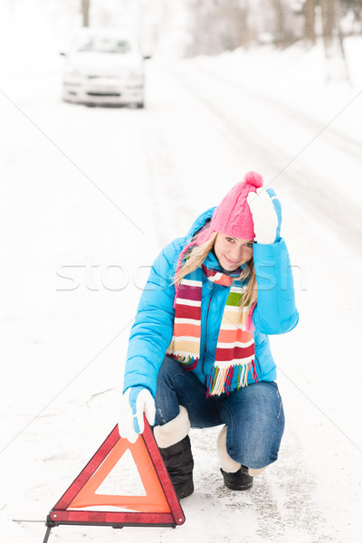 Woman put warning triangle car breakdown winter Stock photo © CandyboxPhoto