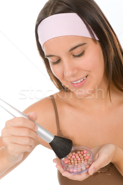 Stock photo: Make-up skin care - woman apply pearl powder