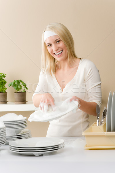 Modernen Küche glücklich Frau Hausarbeit Stock foto © CandyboxPhoto