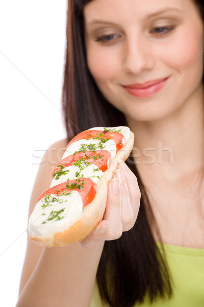 Vrouw genieten caprese sandwich gelukkig Stockfoto © CandyboxPhoto