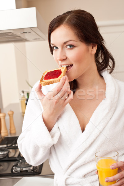 Foto stock: Mujer · albornoz · comer · brindis · desayuno · cocina