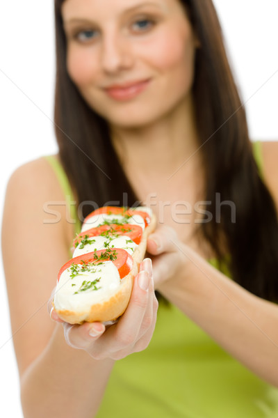 Vrouw genieten caprese sandwich gelukkig Stockfoto © CandyboxPhoto