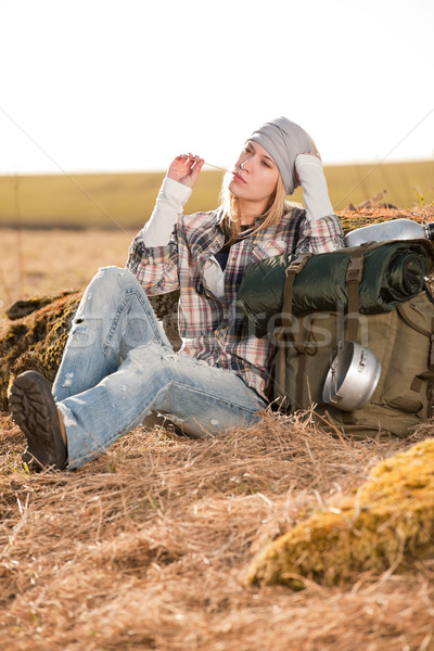 Camping young woman in countryside backpack relax Stock photo © CandyboxPhoto