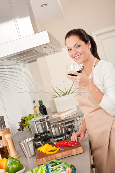 Stock foto: Küche · Glas · Rotwein · Frau · Haus