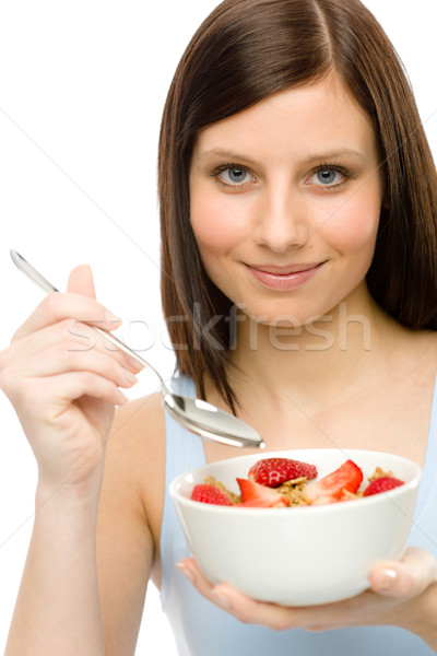 Stockfoto: Vrouw · eten · aardbei · granen · jonge · vrouw