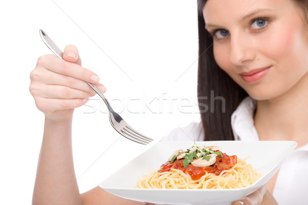 Stock fotó: Olasz · étel · egészséges · nő · eszik · spagetti · mártás