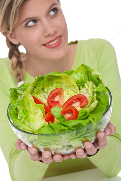 [[stock_photo]]: Femme · laitue · tomates · blanche · accent