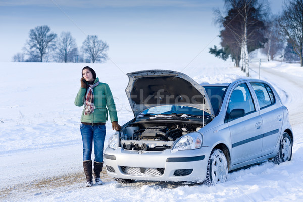 Stock photo: Winter car breakdown - woman call for help