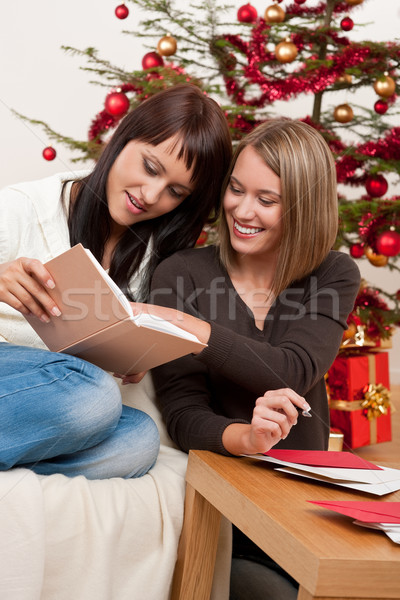 Twee jonge vrouwen schrijven christmas kaarten boom Stockfoto © CandyboxPhoto